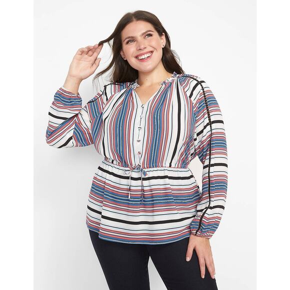 Lane Bryant Size 18 20 Striped Split Neck Button Front Peplum Top - Picture 1 of 7